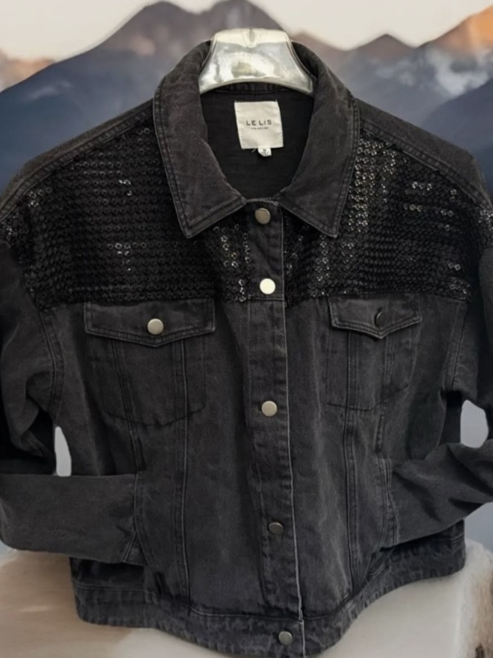 Le Lis Black Sequin Yoke Denim Jacket